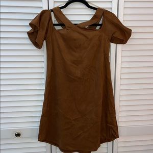 Off the shoulder tan suede dress
